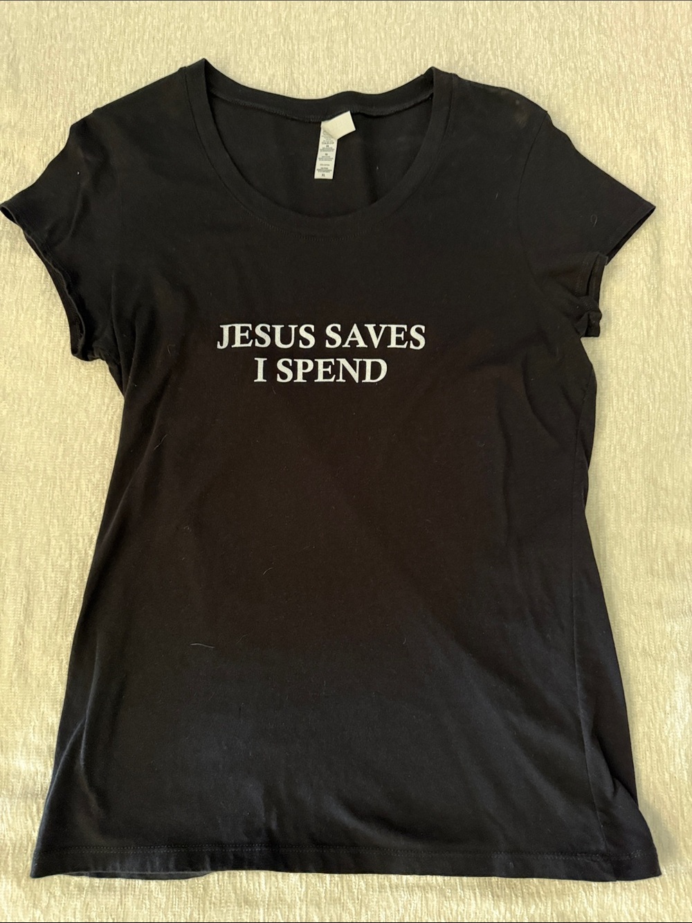 Bella Canvas Black Tee with White "Jesus Saves I Spend" Graphic